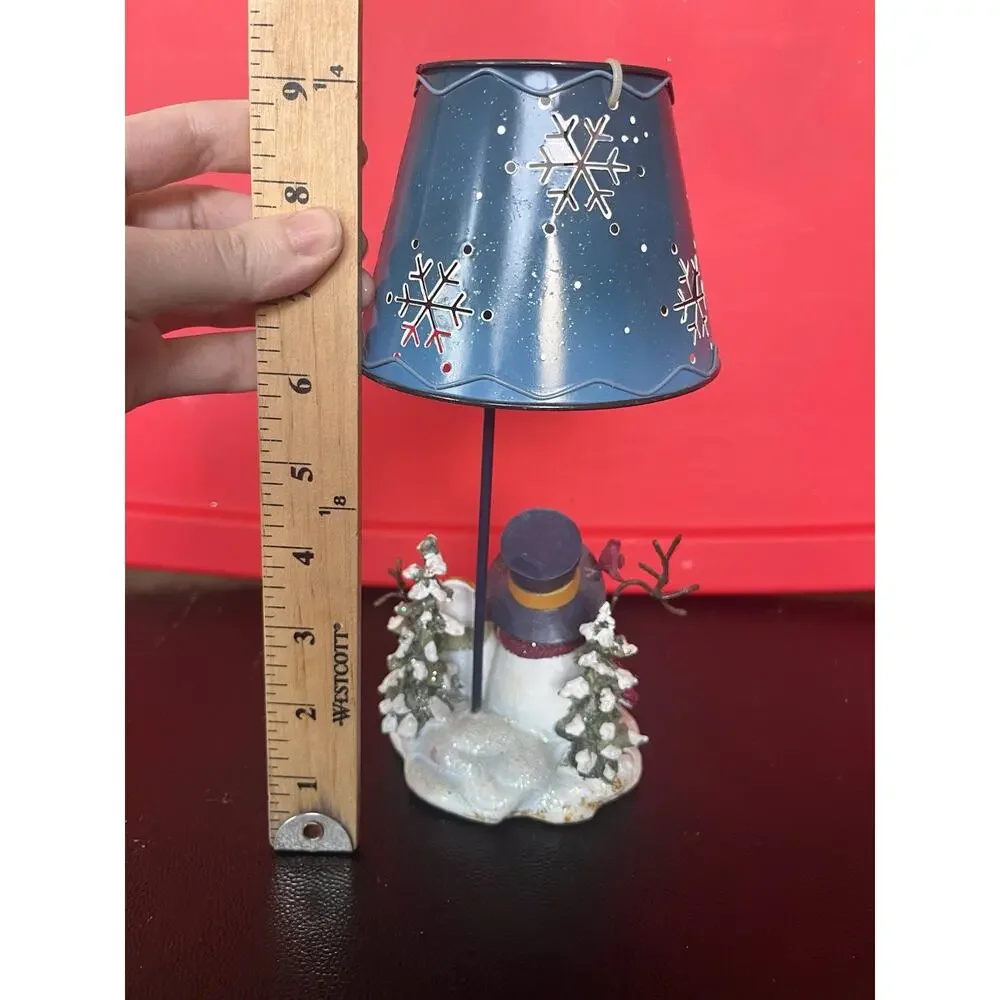 Vtg Christmas Metal Candle Snowman Table Lamp Tealight Holder w/ Lamp Shade Blue